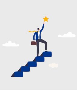 Cartoon portrait of a man climbing stairs and reaching to its goals